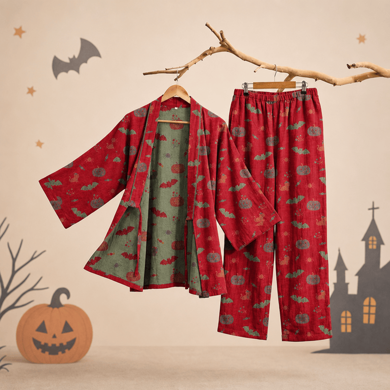 Halloween Kürbis Fledermaus Baumwollpyjama-Set - Rot - XL - image 1
