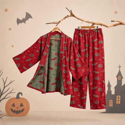 Halloween Kürbis Fledermaus Baumwollpyjama-Set - Rot - XL - image 1