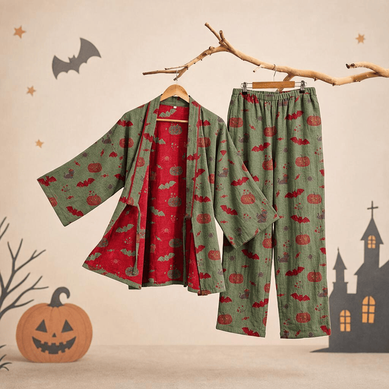 Halloween Kürbis Fledermaus Baumwollpyjama-Set - Grün - XL - image 10