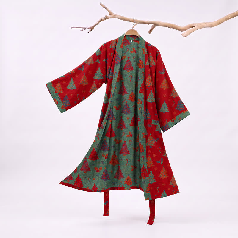 Kimono-Bademantel aus Baumwollgaze mit Weihnachtsbaummotiv - Rot - XXL - image 0