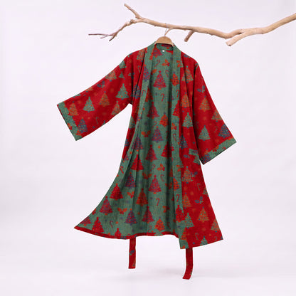 Kimono-Bademantel aus Baumwollgaze mit Weihnachtsbaummotiv - Rot - XXL - image 0