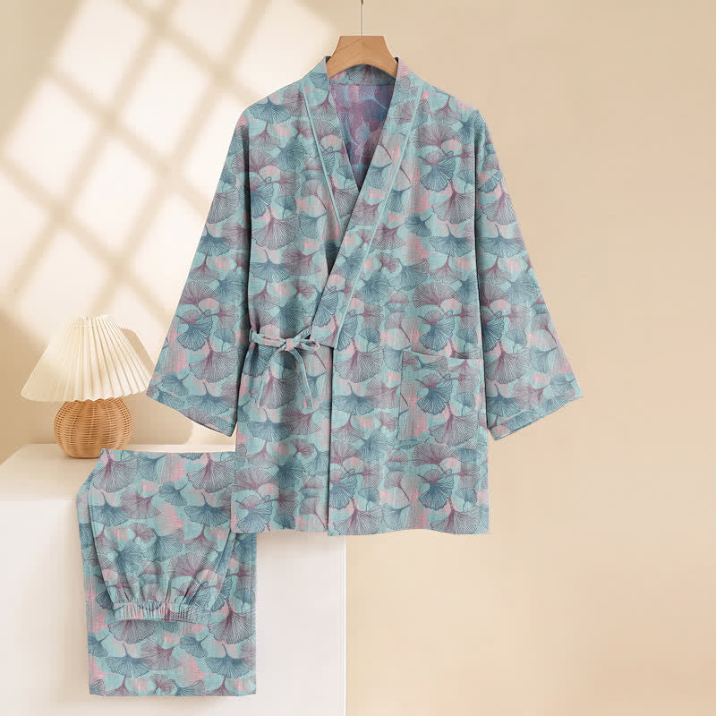 Retro-Kimono-Pyjama-Set aus Baumwolle mit Ginkgoblatt-Motiv - image 4