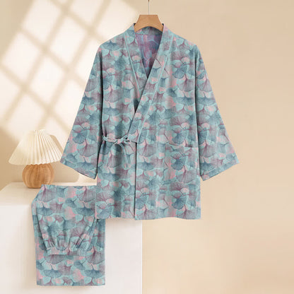 Retro-Kimono-Pyjama-Set aus Baumwolle mit Ginkgoblatt-Motiv - image 4