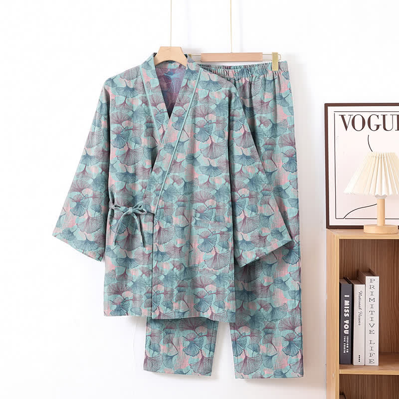 Retro-Kimono-Pyjama-Set aus Baumwolle mit Ginkgoblatt-Motiv - Blau - XL - image 1