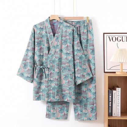 Retro-Kimono-Pyjama-Set aus Baumwolle mit Ginkgoblatt-Motiv - Blau - XL - image 1