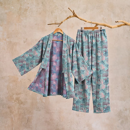 Retro-Kimono-Pyjama-Set aus Baumwolle mit Ginkgoblatt-Motiv - image 3