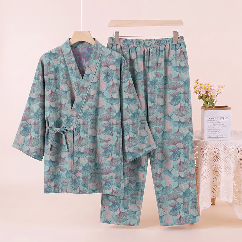 Retro-Kimono-Pyjama-Set aus Baumwolle mit Ginkgoblatt-Motiv - image 2