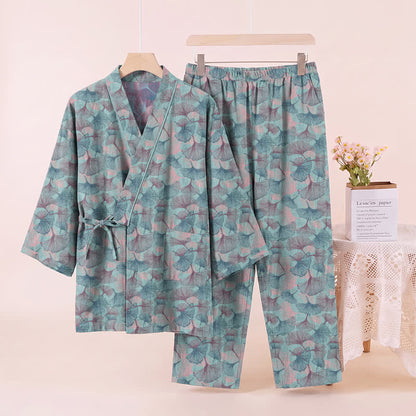 Retro-Kimono-Pyjama-Set aus Baumwolle mit Ginkgoblatt-Motiv - image 2