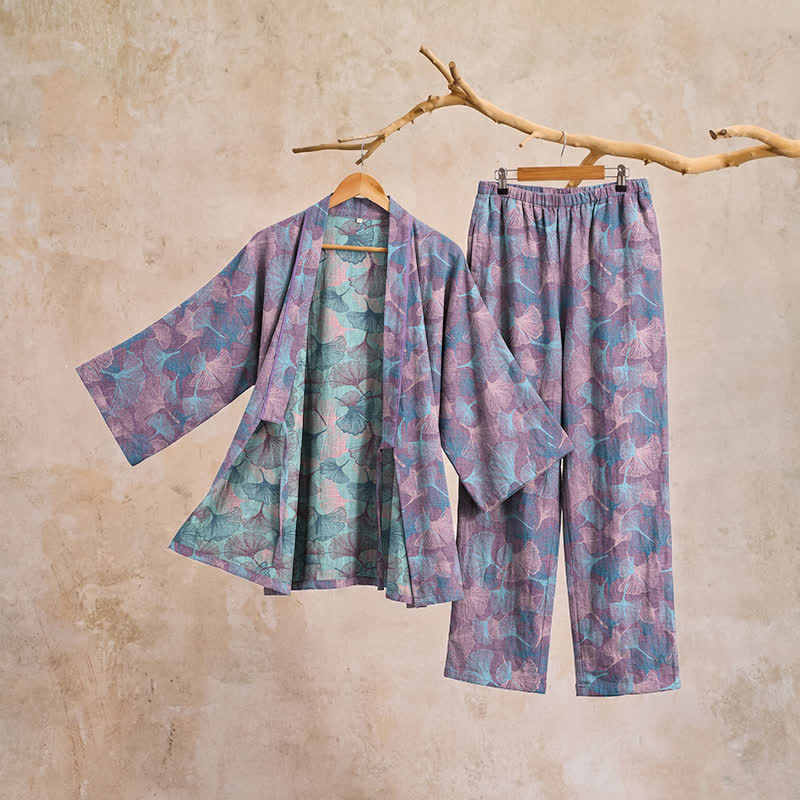 Retro-Kimono-Pyjama-Set aus Baumwolle mit Ginkgoblatt-Motiv - image 9