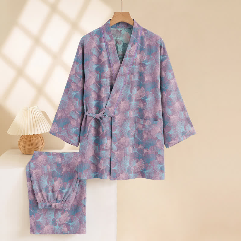 Retro-Kimono-Pyjama-Set aus Baumwolle mit Ginkgoblatt-Motiv - image 10