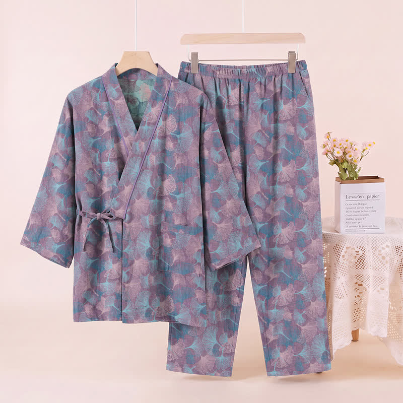 Retro-Kimono-Pyjama-Set aus Baumwolle mit Ginkgoblatt-Motiv - image 8