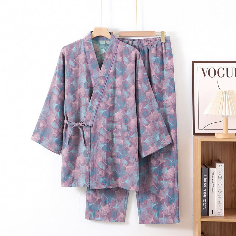 Retro-Kimono-Pyjama-Set aus Baumwolle mit Ginkgoblatt-Motiv - Lila - XL - image 6
