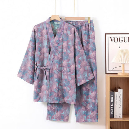 Retro-Kimono-Pyjama-Set aus Baumwolle mit Ginkgoblatt-Motiv - Lila - XL - image 6