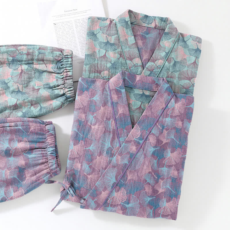 Retro-Kimono-Pyjama-Set aus Baumwolle mit Ginkgoblatt-Motiv - image 11