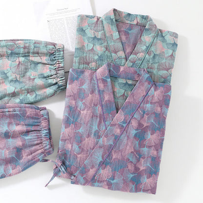 Retro-Kimono-Pyjama-Set aus Baumwolle mit Ginkgoblatt-Motiv - image 11