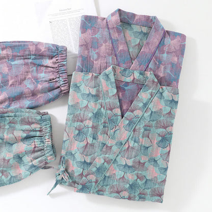Retro-Kimono-Pyjama-Set aus Baumwolle mit Ginkgoblatt-Motiv - image 5
