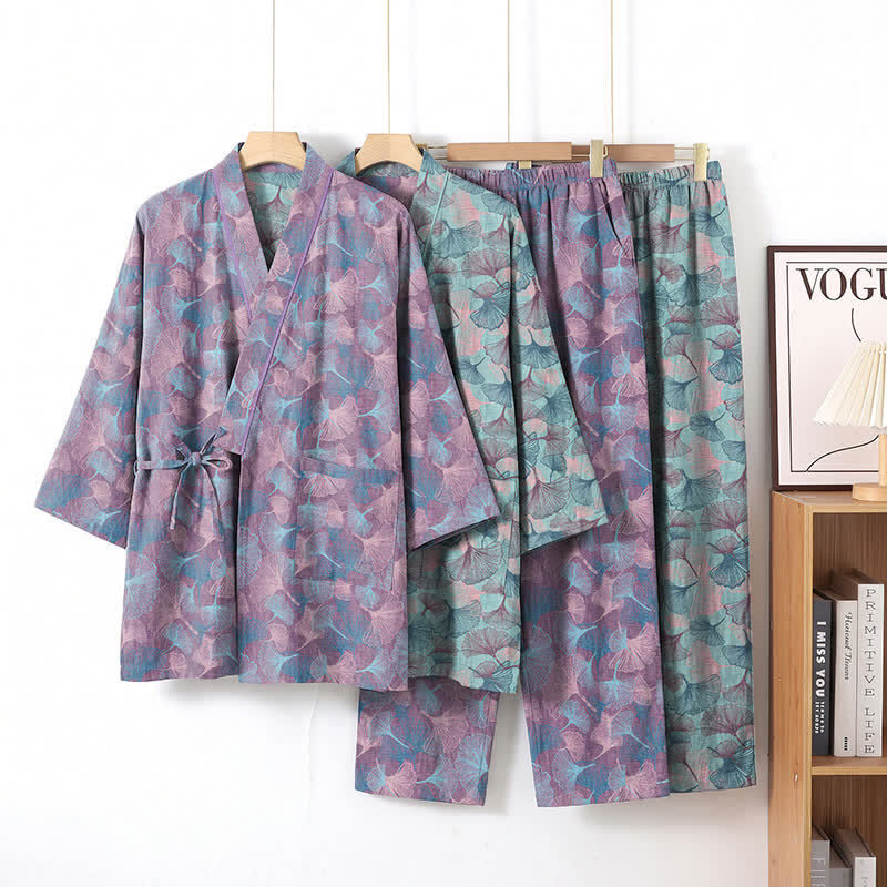 Retro-Kimono-Pyjama-Set aus Baumwolle mit Ginkgoblatt-Motiv - image 7