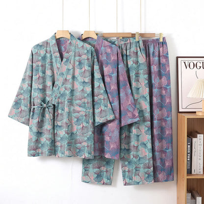 Retro-Kimono-Pyjama-Set aus Baumwolle mit Ginkgoblatt-Motiv - image 0
