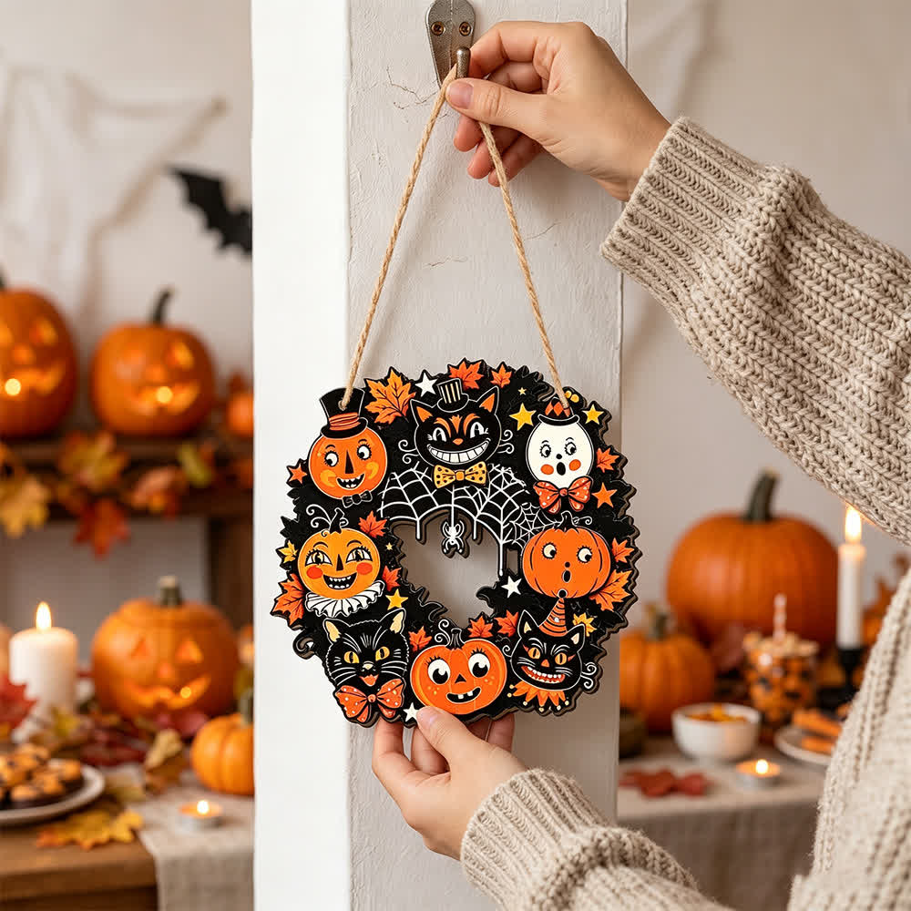 Halloween-Holzkranz mit Juteseil - Schwarze Katze & Kürbis - 4 Stück - 7,87" - image 0