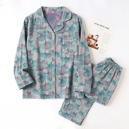 Loungewear-Set aus Baumwolle mit Ginkgoblatt-Motiv und gekerbtem Kragen - image 2