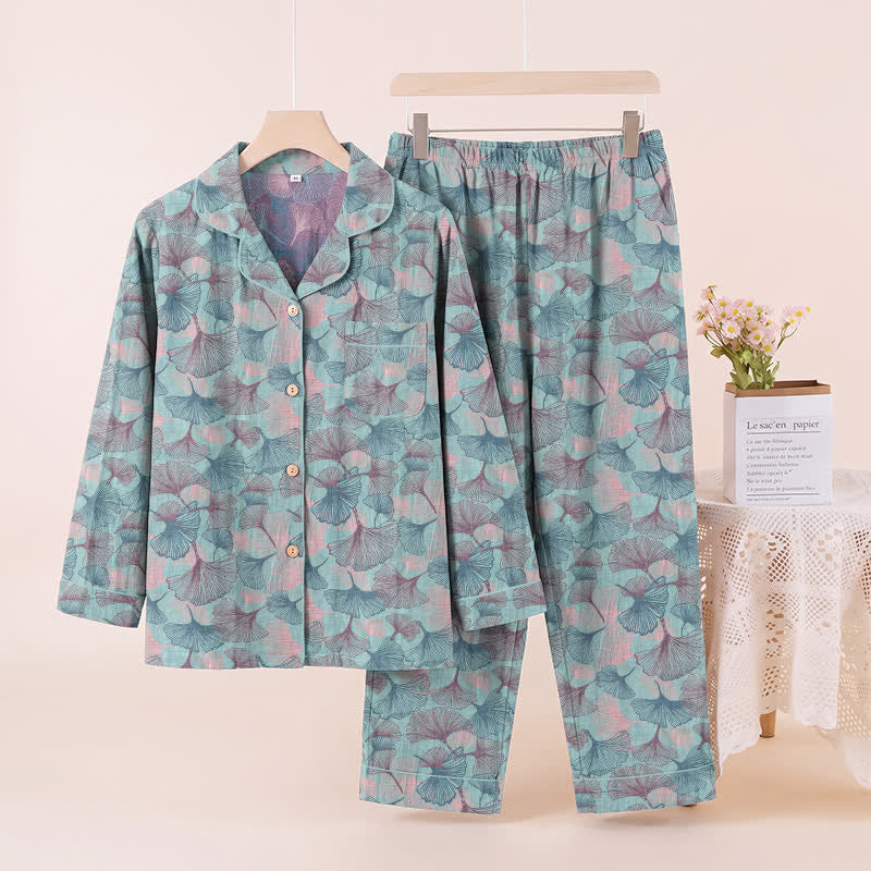 Loungewear-Set aus Baumwolle mit Ginkgoblatt-Motiv und gekerbtem Kragen - Blau - XL - image 0