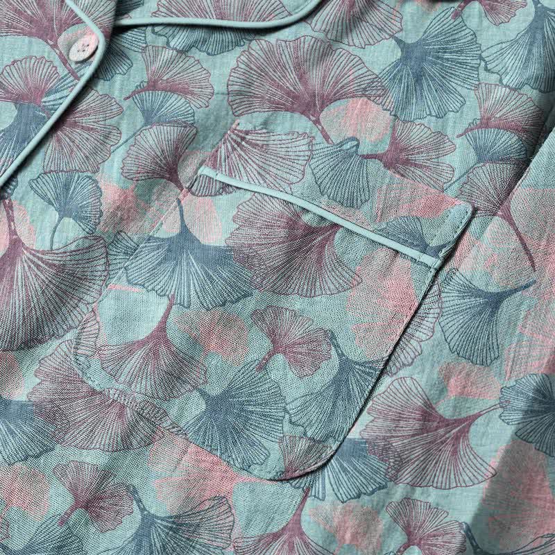 Loungewear-Set aus Baumwolle mit Ginkgoblatt-Motiv und gekerbtem Kragen - image 4