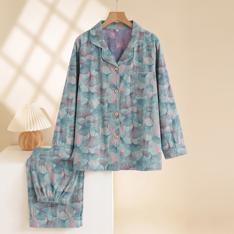 Loungewear-Set aus Baumwolle mit Ginkgoblatt-Motiv und gekerbtem Kragen - image 1