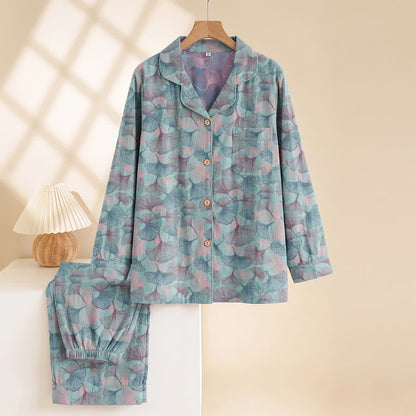 Loungewear-Set aus Baumwolle mit Ginkgoblatt-Motiv und gekerbtem Kragen - image 1