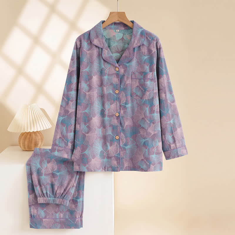 Loungewear-Set aus Baumwolle mit Ginkgoblatt-Motiv und gekerbtem Kragen - image 7