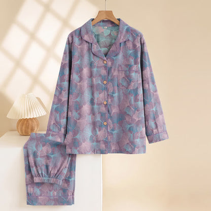 Loungewear-Set aus Baumwolle mit Ginkgoblatt-Motiv und gekerbtem Kragen - image 7