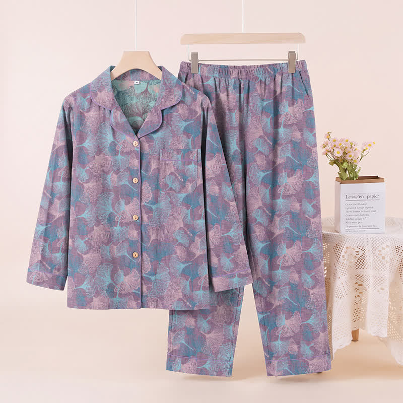 Loungewear-Set aus Baumwolle mit Ginkgoblatt-Motiv und gekerbtem Kragen - Lila - XL - image 5