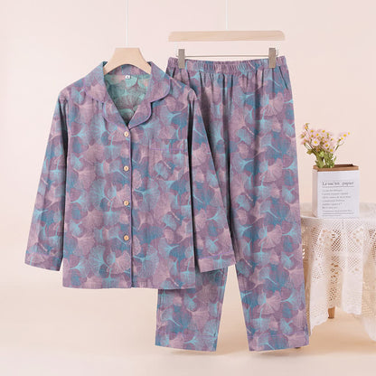 Loungewear-Set aus Baumwolle mit Ginkgoblatt-Motiv und gekerbtem Kragen - Lila - XL - image 5