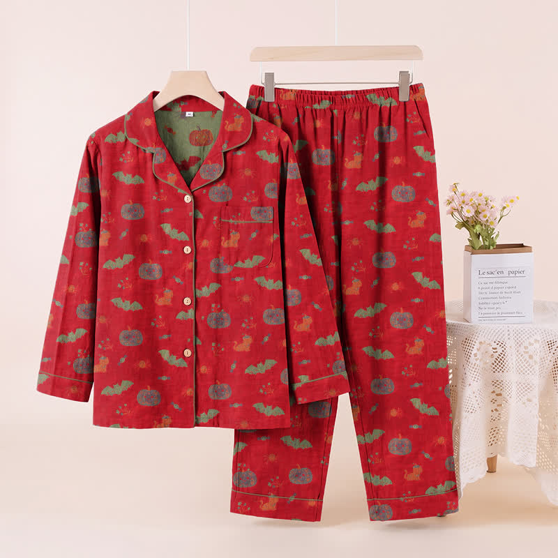 Halloween Kürbis Fledermaus Baumwoll-Loungewear-Set - Rot - XL - image 0