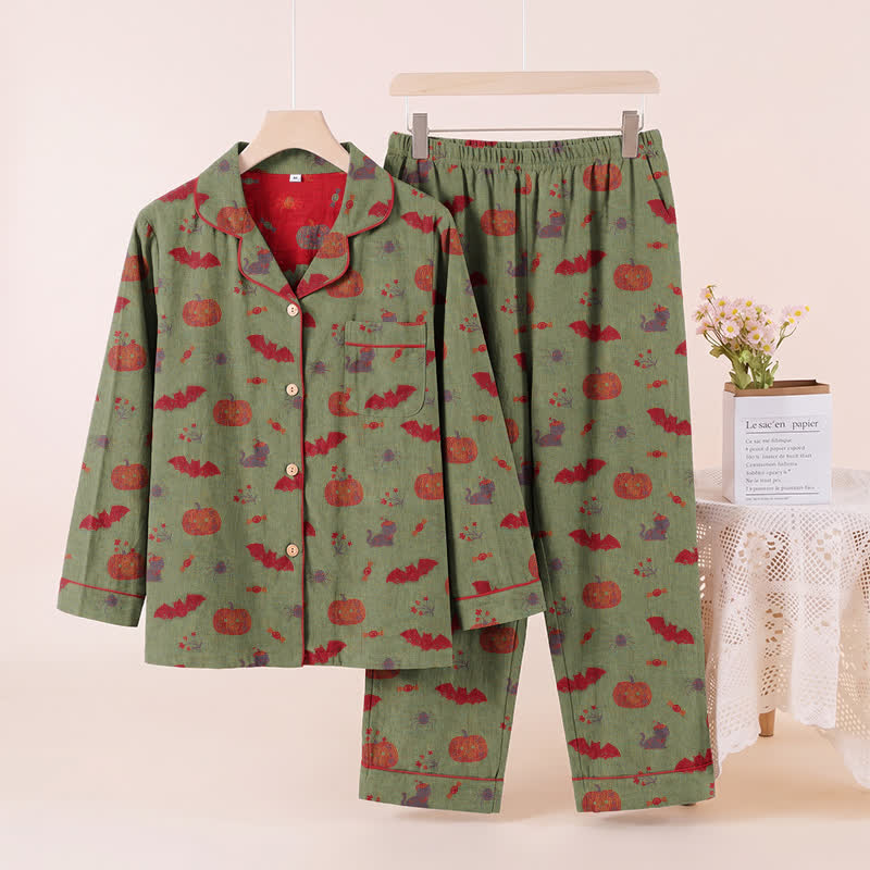 Halloween Kürbis Fledermaus Baumwoll-Loungewear-Set - Grün - XL - image 6