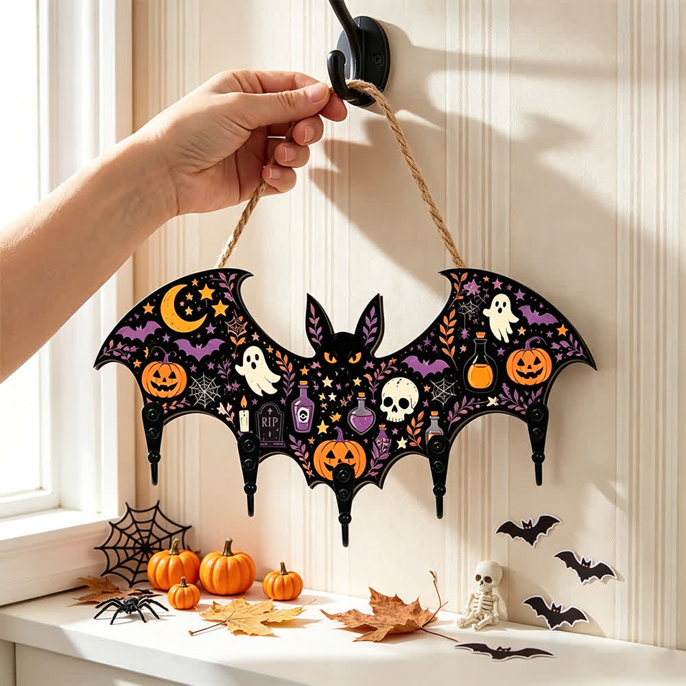 Halloween-Schlüsselhalter aus Holz in Fledermausform - Geist & Schädel - 4 Stück - 12 Zoll L x 5 Zoll H - image 0