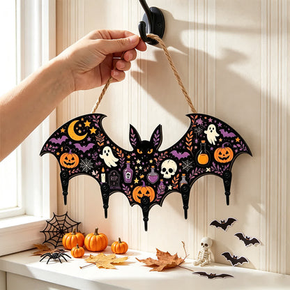 Halloween-Schlüsselhalter aus Holz in Fledermausform - Geist & Schädel - 4 Stück - 12 Zoll L x 5 Zoll H - image 0