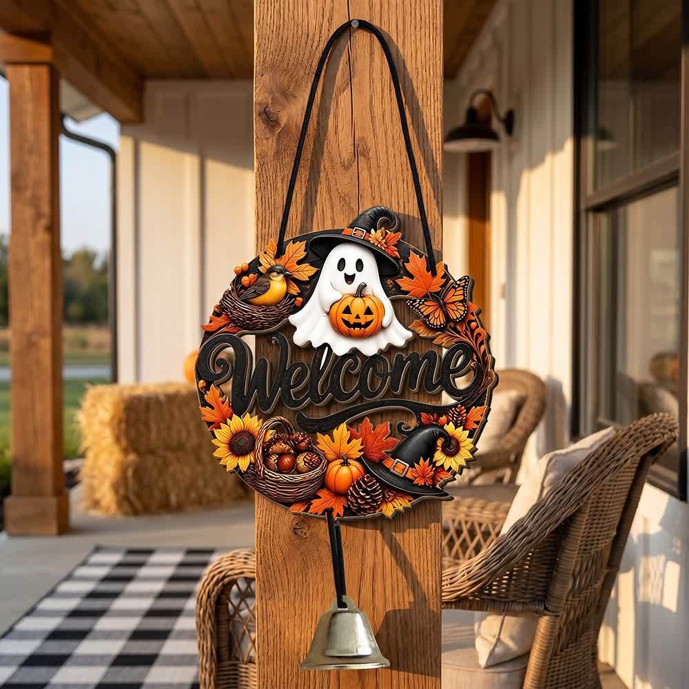 Gotisches Halloween-Türschild aus Holz - Geist und Kürbis - 5 Stück - image 0