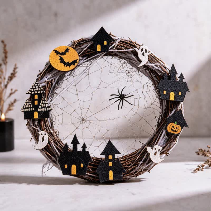Halloween-Zweigkranz mit Spinnennetz-Ornamenten - Schwarz - 28cm x 28cm - image 0