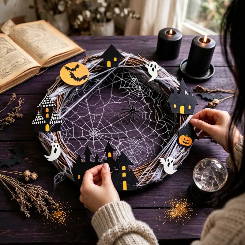 Halloween-Zweigkranz mit Spinnennetz-Ornamenten - image 4