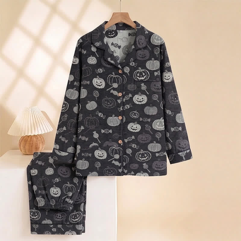 Schwarzes Halloween-Kürbis-Süßigkeiten-Baumwoll-Loungewear-Set - image 1