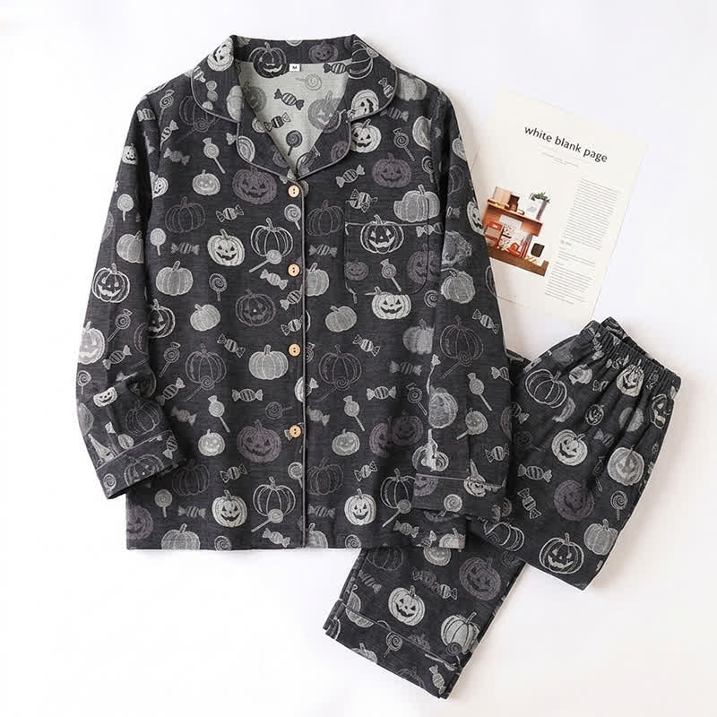 Schwarzes Halloween-Kürbis-Süßigkeiten-Baumwoll-Loungewear-Set - image 2