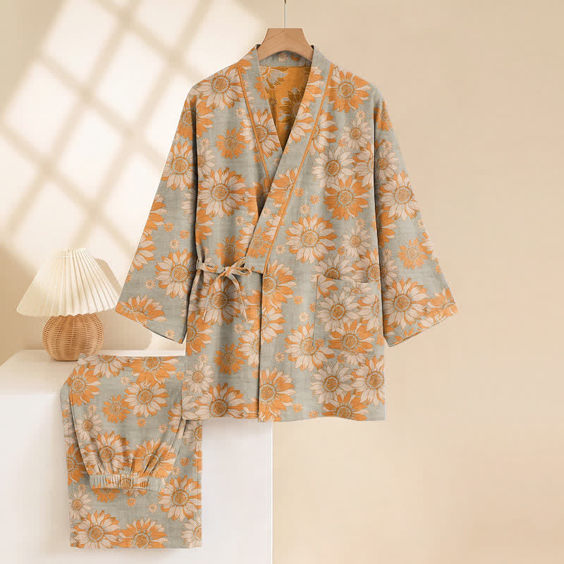 Retro-Sonnenblumen-Baumwollkimono-Pyjama-Set - image 9