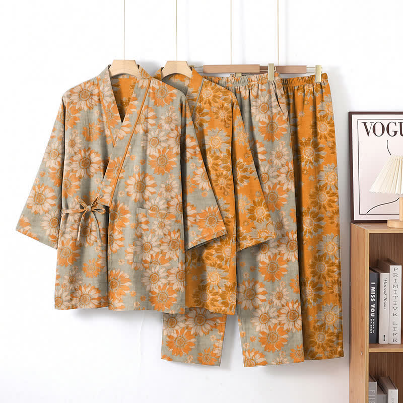 Retro-Sonnenblumen-Baumwollkimono-Pyjama-Set - image 7