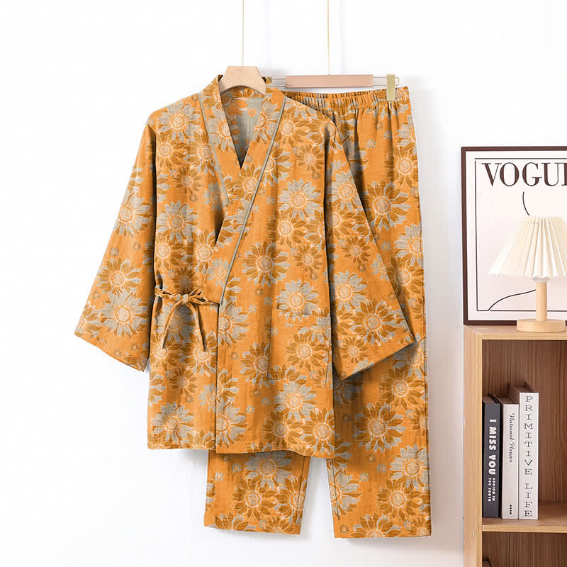 Retro-Sonnenblumen-Baumwollkimono-Pyjama-Set - Orange - XL - image 1