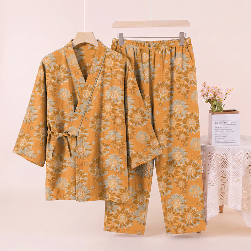 Retro-Sonnenblumen-Baumwollkimono-Pyjama-Set - image 2