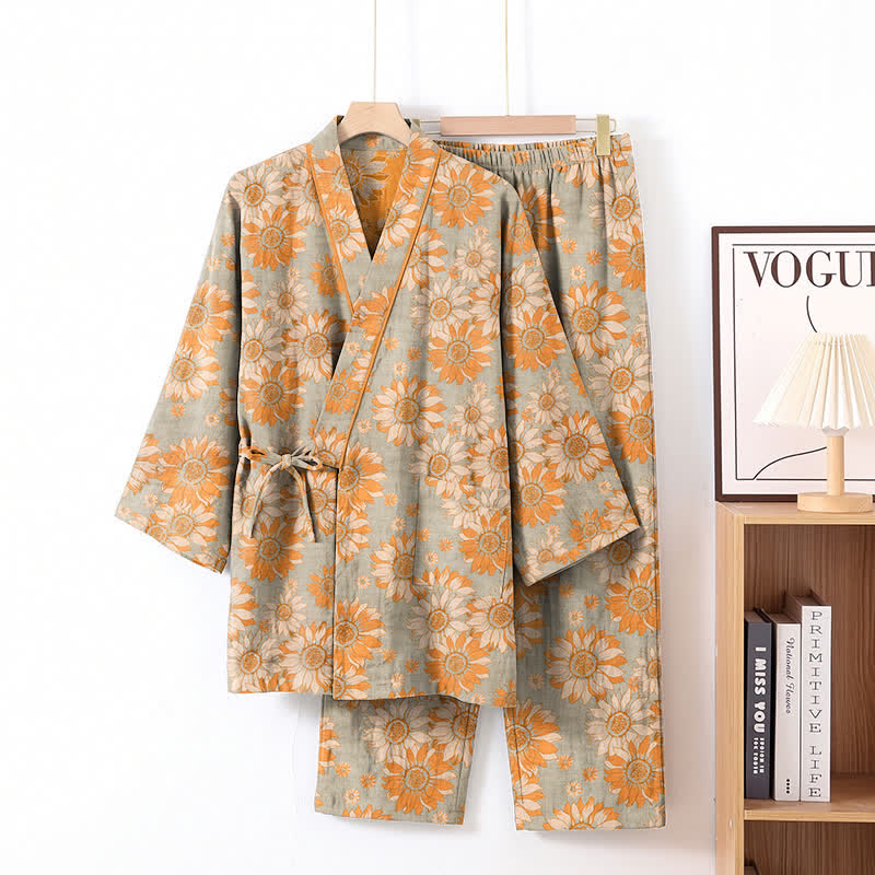 Retro-Sonnenblumen-Baumwollkimono-Pyjama-Set - Hellgrau - XL - image 6