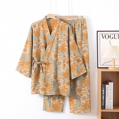Retro-Sonnenblumen-Baumwollkimono-Pyjama-Set - Hellgrau - XL - image 6