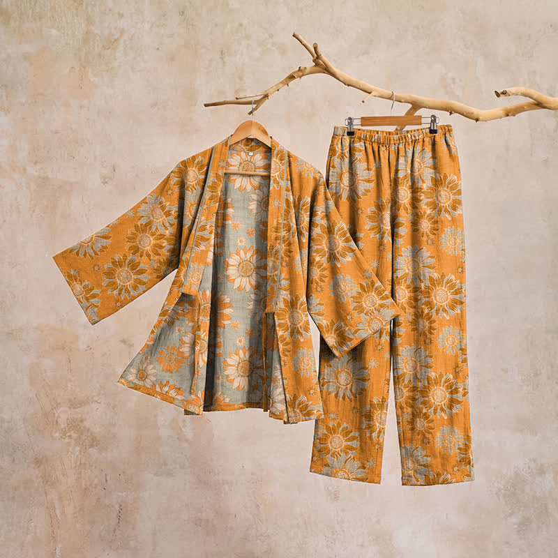 Retro-Sonnenblumen-Baumwollkimono-Pyjama-Set - image 4