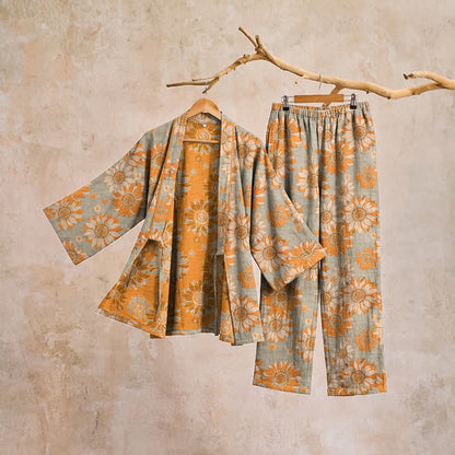 Retro-Sonnenblumen-Baumwollkimono-Pyjama-Set - image 10