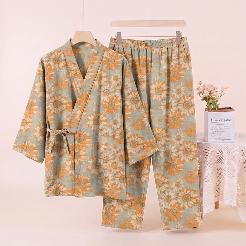 Retro-Sonnenblumen-Baumwollkimono-Pyjama-Set - image 8